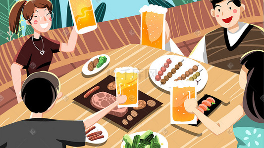 手绘食物食物插画图片_卡通手绘风美食啤酒烧烤配图