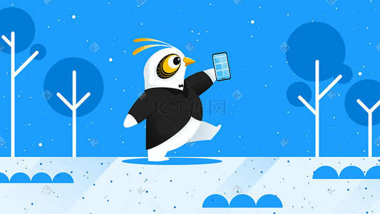 企鹅冰雪插画图片_蓝色扁平冷淡风小鸟