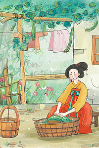 桌上的衣服插画图片_古风主题之古代女子洗衣服场景