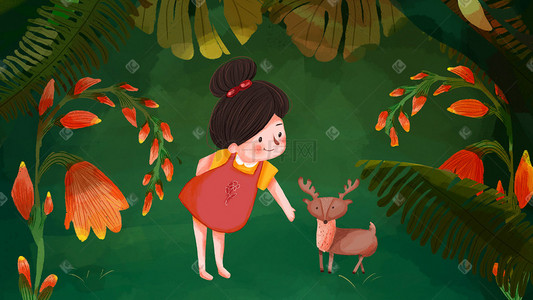 绿色小动物插画图片_立春时节可爱女孩和小动物在森林玩耍