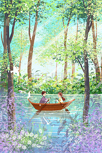 夏日森林划船游玩风景