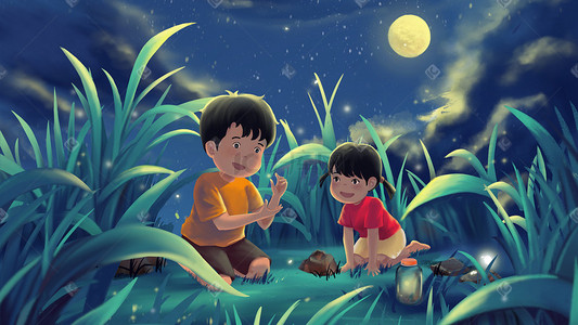 夜晚月亮云朵插画图片_大暑夜晚抓萤火虫的孩子们