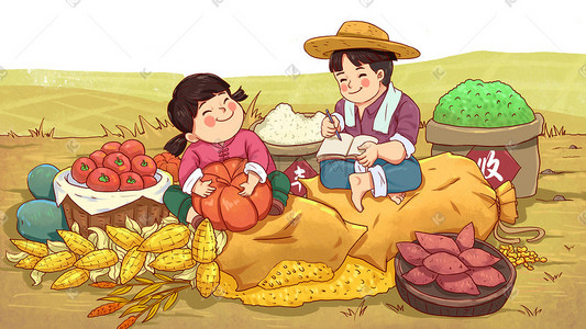 节约消费插画图片_六一儿童节粮食农产品节约粮食节约丰收秋天秋收小麦