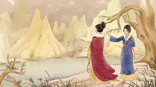 古代胖女人插画图片_手绘中国风古代生活工笔复古女子郊游