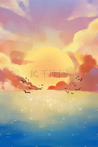 橙色太阳太阳插画图片_唯美海洋日落夕阳