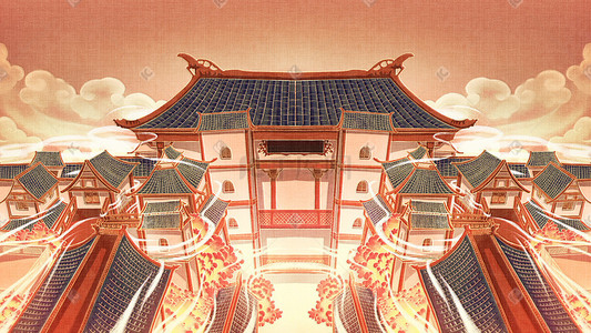 新年春节中国风古风重彩中国古代建筑远眺远景场景