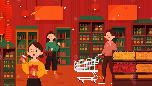 超市叫卖插画图片_新年春节买年货场景超市购物中国风手机页面配图促销购物618