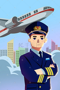飞机插画图片_机长飞行员开飞机帅气的机长