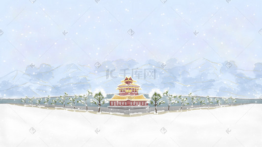 雪天步行插画图片_冷色系中国风唯美雪天大雪小雪冬季下雪建筑