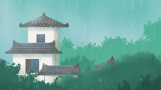 阴天插画图片_绿色唯美卡通古风夏季下雨风景配图