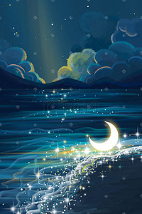 国潮大海沙滩插画图片_夜晚星空星星大海天空蓝色云唯美治愈背景