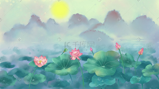 中秋主图插画图片_八月十五中秋节荷塘月夜荷花池山水中秋风景