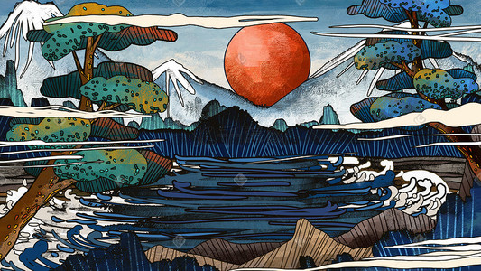 国潮工笔富士山浮世绘风景手绘插画背景