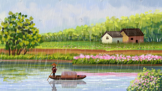 雨水主题之水粉风景画