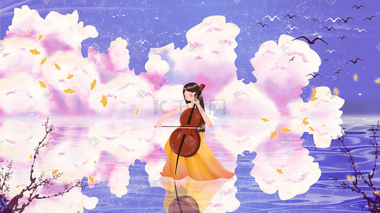 唯美治愈女孩海上大提琴天空蓝天云背景
