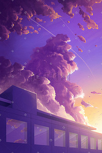 背景紫色插画图片_夏天秋天唯美晚霞夕阳天空云房屋治愈背景