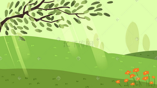 光芒四射的女人插画图片_绿色系阳光草坪山坡光芒树木鲜花背景