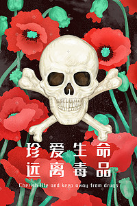 国际手绘插画图片_国际禁毒日罂粟花和骷髅主题配图