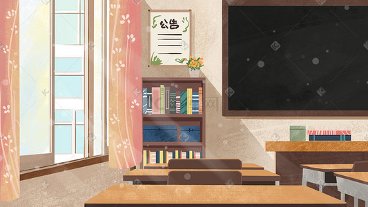 郊外教室插画图片_棕色系治愈唯美教室室内课桌讲台书架黑板窗