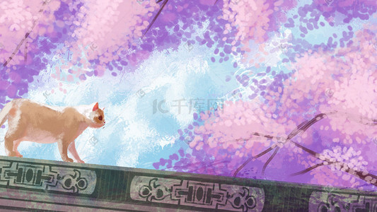 樱花节手绘立夏粉色清新猫咪动物插画