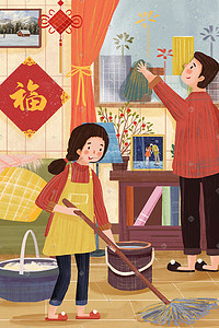 卫生用品主图插画图片_新年春节小年主题之家中大扫除做卫生