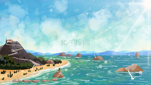 小清新治愈系插画图片_夏天你好大海远景小清新治愈系