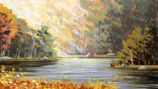 秋天的叶子卡通插画图片_厚涂秋天油画治愈河流森林树林阳光背景