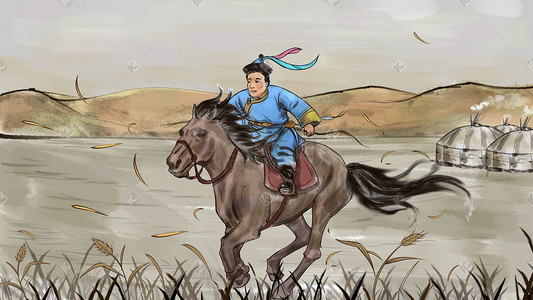 骑马雕像插画图片_少数民族骑马射箭蒙古包水彩水墨中国风