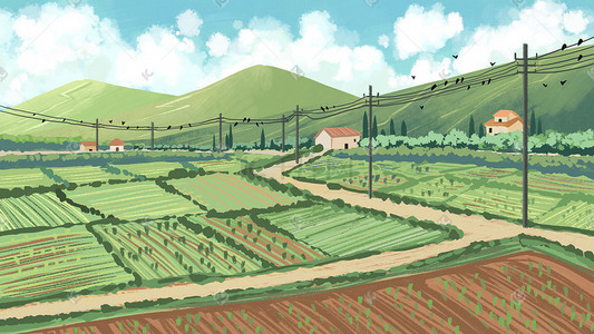 乡村田地菜地山风景国潮风山水大场景主题插画自然江河湖草山太阳日出