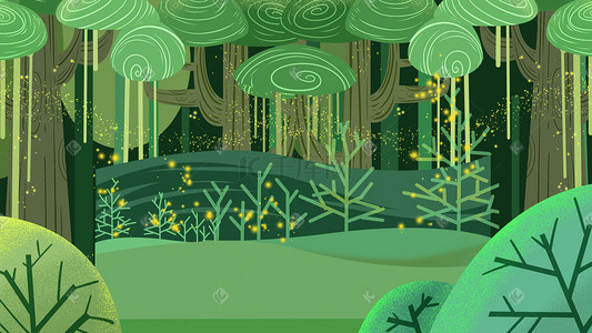 卡通树木插画图片_春天夏天森林植物树木树林绿色植物背景