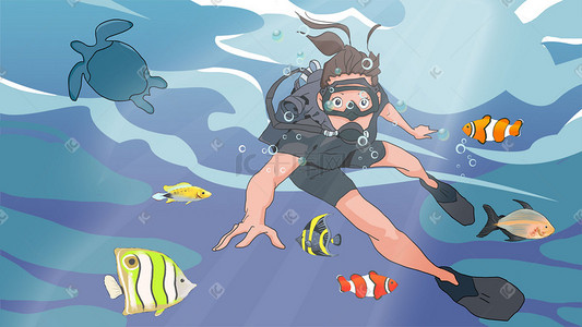 海龟插画图片_夏天在海里潜泳的少女