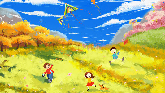 六一儿童节郊外儿童放风筝配图六一