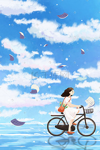 纸扇花背景插画图片_女孩悠闲骑自行车纸满天飞治愈系