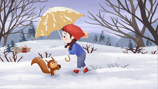 动态松鼠插画图片_大雪小雪冬天下雪雪花雪女孩松鼠