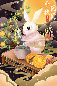中秋节团圆插画图片_中秋节团圆月亮兔子做月饼配图中秋