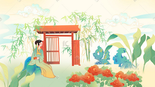 装饰干花插画图片_古风女子赏花牡丹