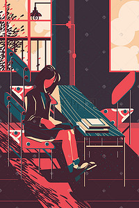 矢量原创插画图片_生活场景插画在餐桌旁边午后看书的小女孩