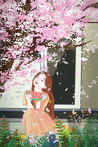 与少女插画图片_樱花与少女唯美治愈通用夏至春季吃西瓜场景