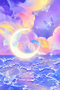紫色天空背景插画图片_唯美治愈月亮蝴蝶云朵风景背景唯美