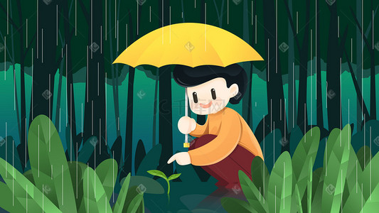 雨刷大雨插画图片_绿色扁平风撑伞避雨插画