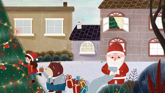 圣诞树圣诞插画图片_圣诞节女孩与圣诞老人装饰圣诞树圣诞