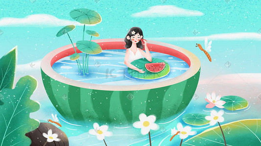 花朵绿叶插画图片_夏景在荷花池中吃西瓜的女孩小清新插画