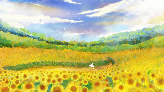 黄色云朵云朵插画图片_夏天向日葵花海风景手绘背景