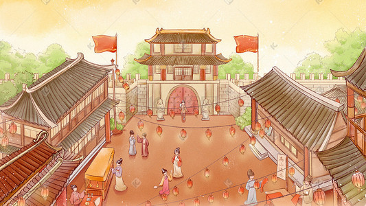 手绘古代院墙插画图片_新年春节中国风古风水彩古代集市建筑