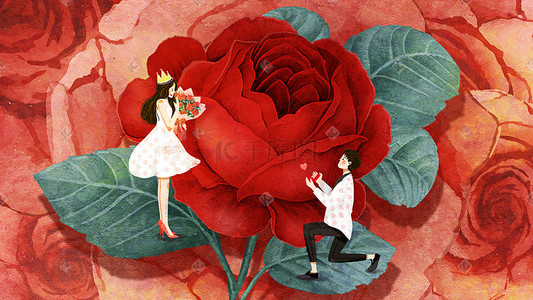红色520插画图片_520情人节情侣求爱送花海报