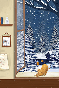 冬天室外雪景插画图片_冬季窗外雪景场景插画