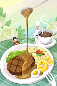 西餐牛排菜单背景插画图片_绿色系卡通手绘风美食意面牛排配图