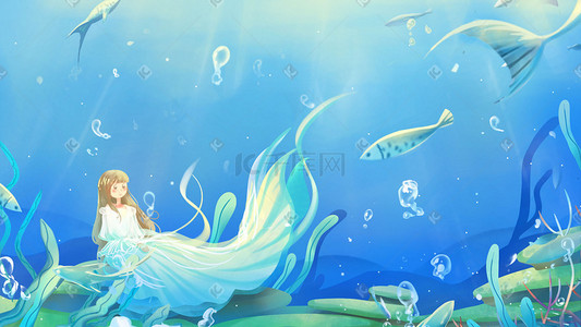 清新蓝色海底插画图片_蓝色唯美卡通小清新治愈海底世界配图
