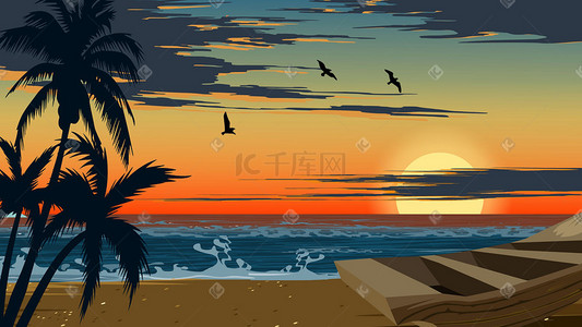 大海夕阳插画图片_夏天夕阳海景扁平风