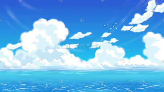 ps分层卡通背景插画图片_夏天天空蓝天云海大海海洋海浪背景